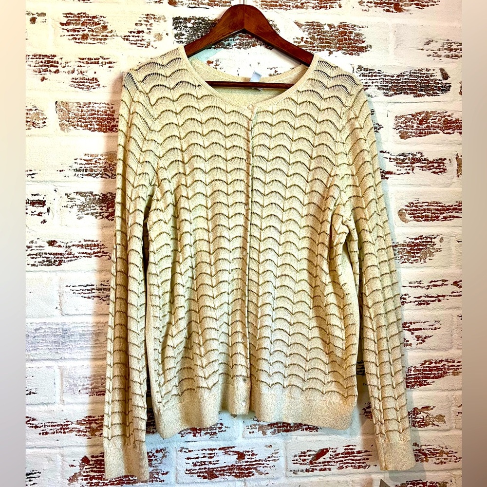 Charter Club Cardigan Holiday Ivory & Metallic Gold Long Sleeve *Flawed* Size 1X